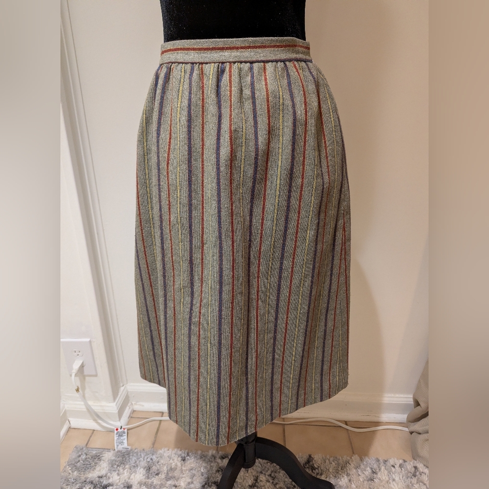 Vintage 1980s Ziba Womens Grey Yellow Blue Red Striped Skirt Wool Blend Small